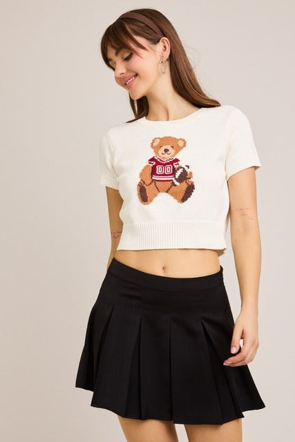 Short Sleeve Football Teddy Bear Sweater Crop Top - Le Lis - RARA Boutique 