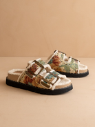 Studded Floral Tapestry Sherpa Lined Buckle Slide Sandals - Oasis Society - RARA Boutique 