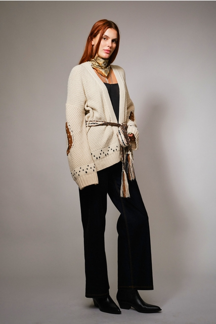 Western Horse & Horseshoe Belted Cardigan Sweater - Blue B - RARA Boutique 