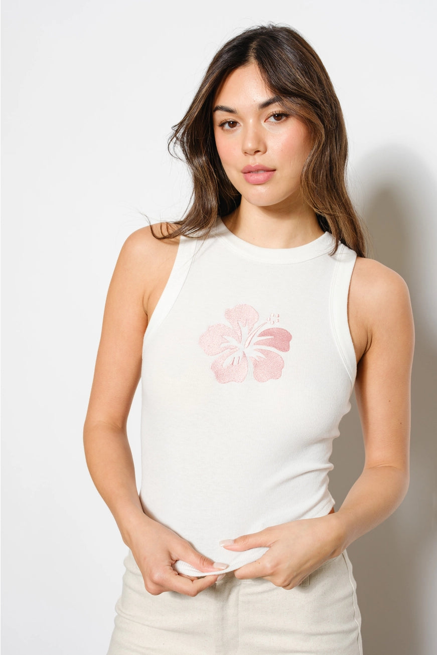 Embroidered hibiscus flower ribbed tank top from RARA Boutique featuring colorful floral embroidery on a fitted sleeveless design.