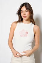 Embroidered hibiscus flower ribbed tank top from RARA Boutique featuring colorful floral embroidery on a fitted sleeveless design.