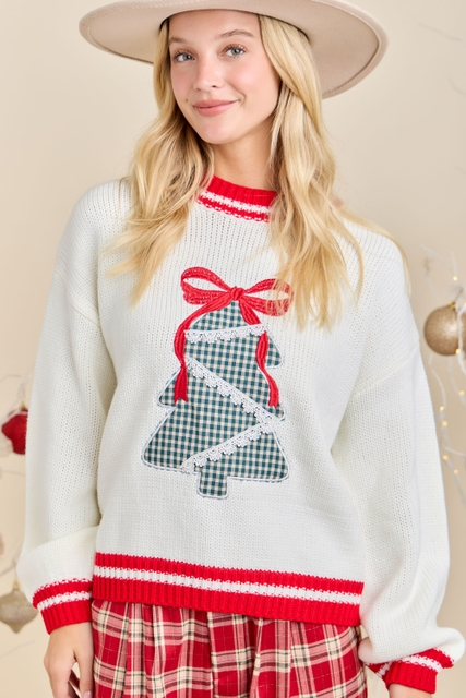 Gingham Christmas Tree Patchwork Sweater with Embroidered Bow - Main Strip - RARA Boutique 