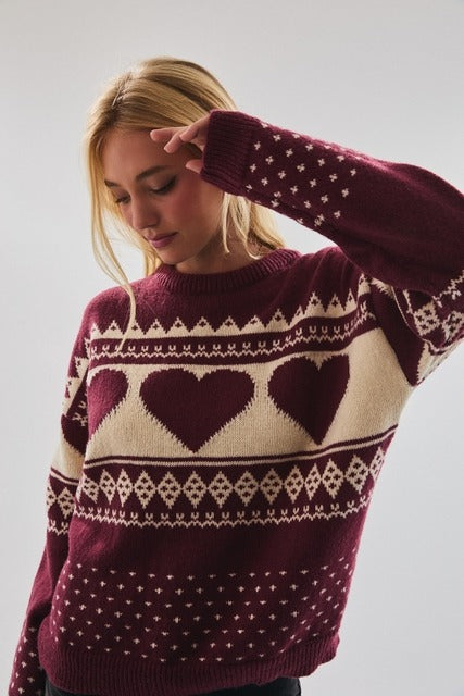 Heart Fair Isle Long Sleeve Holiday Sweater - Le Lis - RARA Boutique 