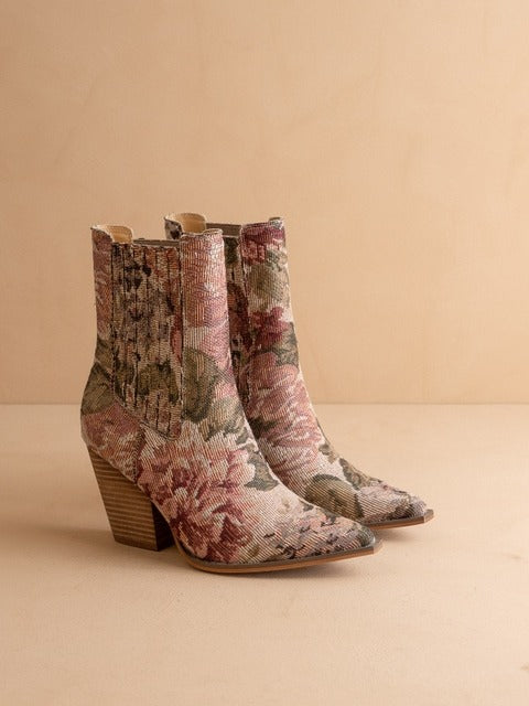 Vintage Floral Jacquard Tapestry Ankle Western Boots - Oasis Society - RARA Boutique 