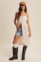 RARA Boutique satin lace trim maxi cami top with delicate lace accents and flowing fabric, perfect for casual or dressy wear.