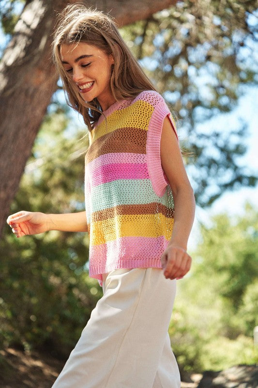 Crochet Multi Striped Pullover Knit Sweater Vest - RARA Boutique 