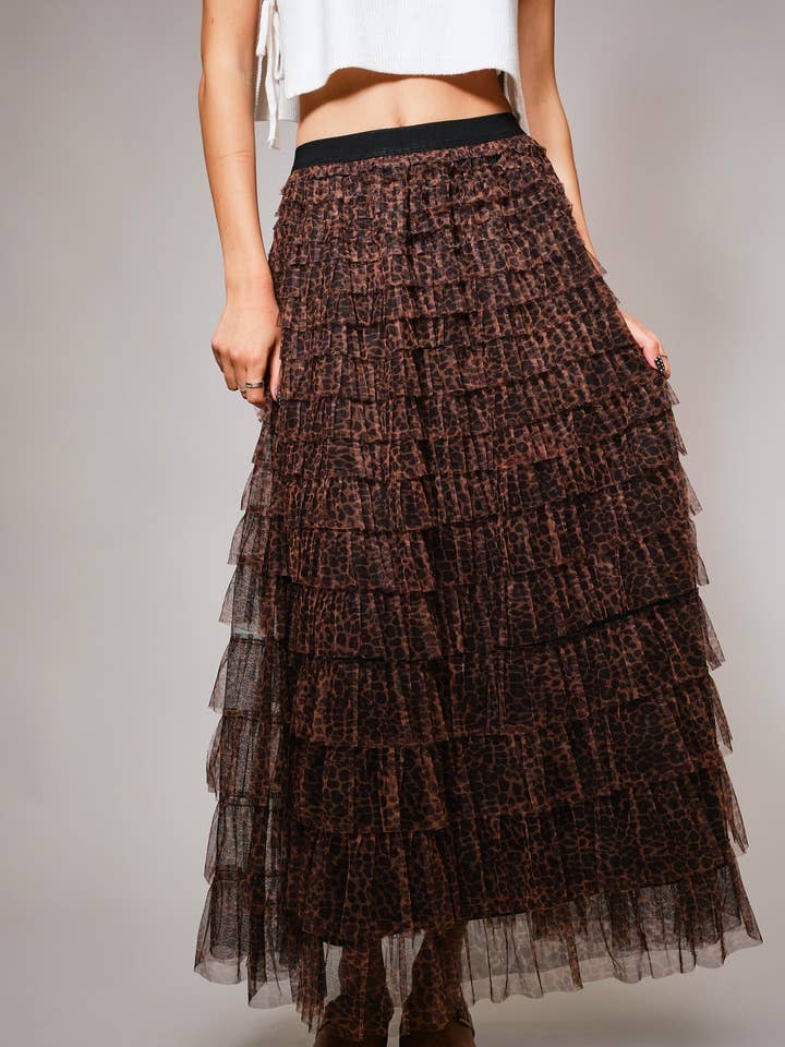 Leopard Print Tiered Ruffle Tulle Maxi Skirt - Blue B - RARA Boutique 
