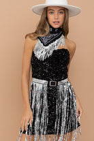 Sequin Fringe Mini Dress with Bandanna - RARA Boutique 