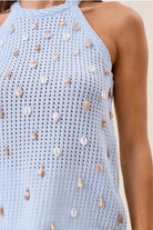 Seashell embellished open knit halter tank top by RARA Boutique, featuring a lightweight design with seashell accents and open back.