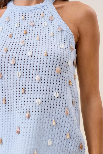 Seashell embellished open knit halter tank top by RARA Boutique, featuring a lightweight design with seashell accents and open back.
