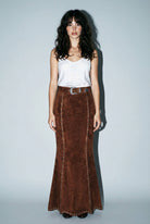Skylar Rose suede studded maxi skirt with a flowing silhouette and studded details, shown in a natural fabric and stylish design.