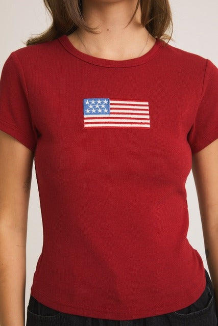 Ribbed baby T-shirt with embroidered American flag design by Le Lis, featuring a soft fabric and patriotic style.