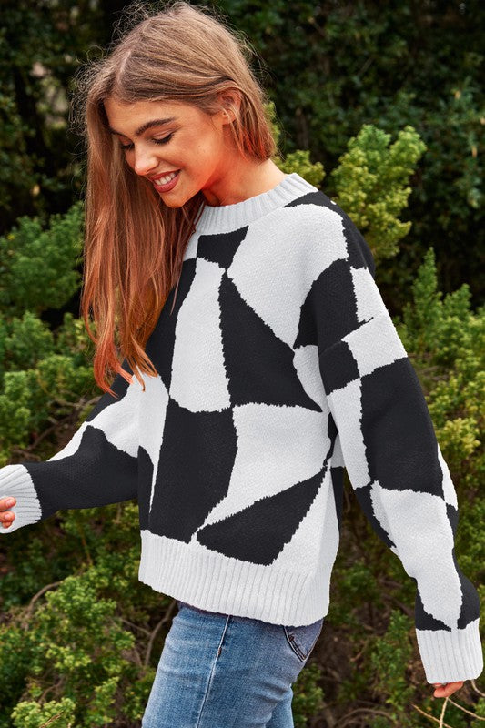 Wavy Checker Print Pullover Knit Sweater Top - RARA Boutique 