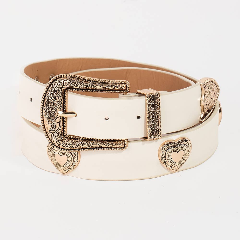 Western etched flower heart vegan leather belt with floral engraving and heart-shaped buckle from Collections by Fame Accessories