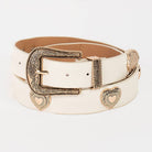 Western etched flower heart vegan leather belt with floral engraving and heart-shaped buckle from Collections by Fame Accessories