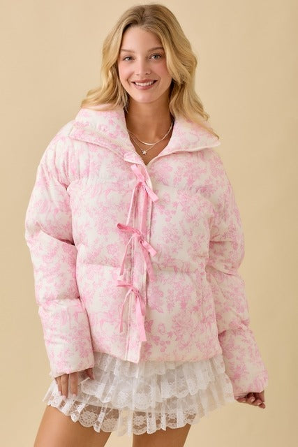 Vintage Horse Toile Print Puffer Jacket with Bows - Main Strip - RARA Boutique 