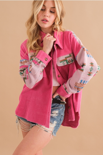 Aztec Contrast Sleeve Corduroy Button Up Shirt Jacket - Blue B - RARA Boutique 