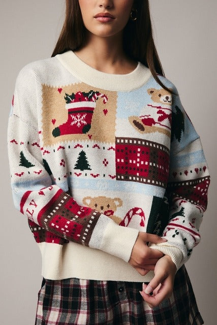 Patchwork Holiday Print Long Sleeve Knit Christmas Sweater - Sunday Edition - RARA Boutique 