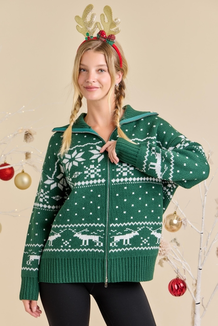 Christmas Faire Isle Knit Sweater Jacket - Main Strip - RARA Boutique 