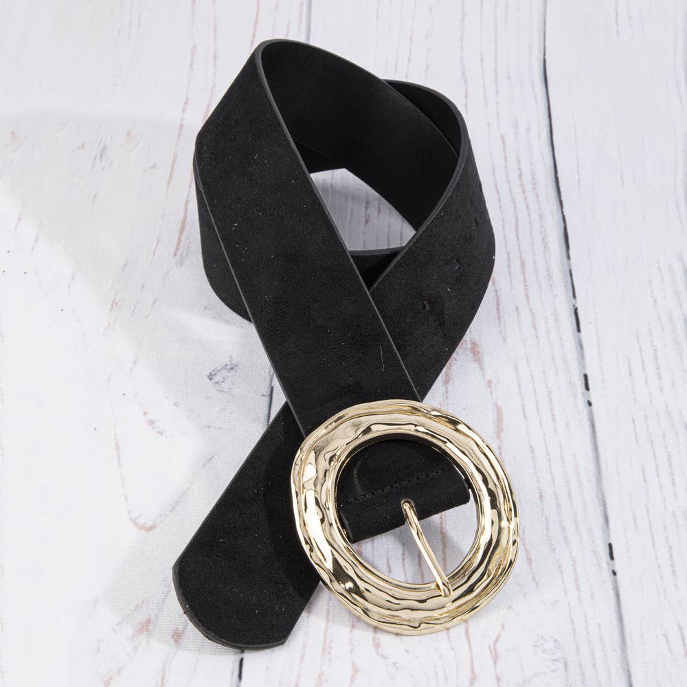 Suede hammered round buckle belt from Collections by Fame Accessories, showing close-up of textured suede strap and round metal buckle.