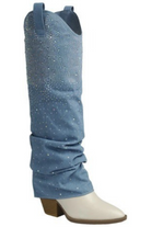 Rhinestone Slouchy Denim Two-Tone Fold Over Boots - Forever - RARA Boutique 