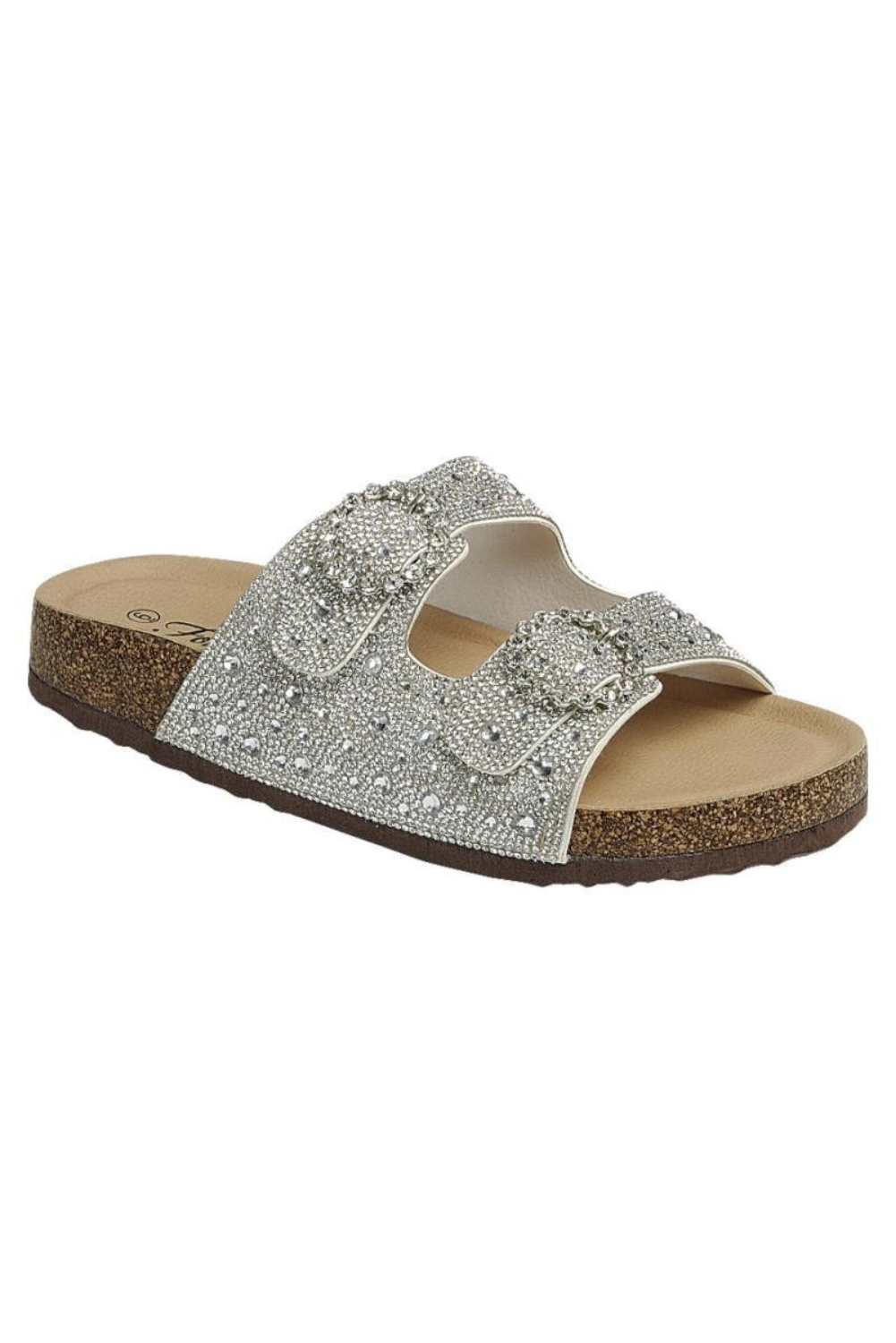 Rhinestone Cork Sole Double Buckle Slide Sandals - Forever - RARA Boutique 