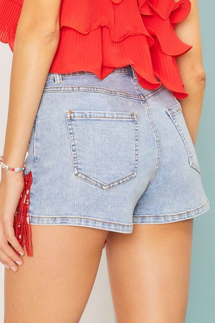 Sequin Fringe Star Denim Shorts - Main Strip - RARA Boutique 