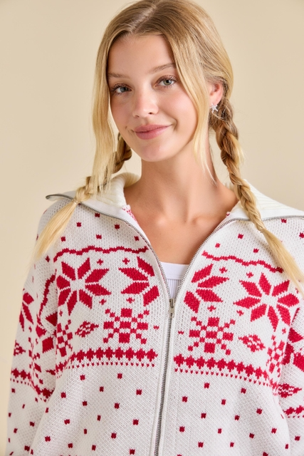 Christmas Faire Isle Knit Sweater Jacket - Main Strip - RARA Boutique 