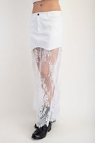 Layered denim lace contrast midi skirt by RARA Boutique, featuring a stylish design with mixed denim and lace details.