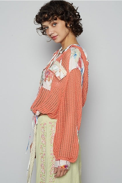 RARA Boutique floral patch open knit crochet hoodie jacket with colorful floral embroidery and relaxed fit.