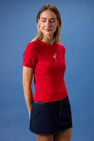 RARA Boutique embroidered American flag Martini cocktail ribbed baby tee, casual shirt with patriotic flag design, front view