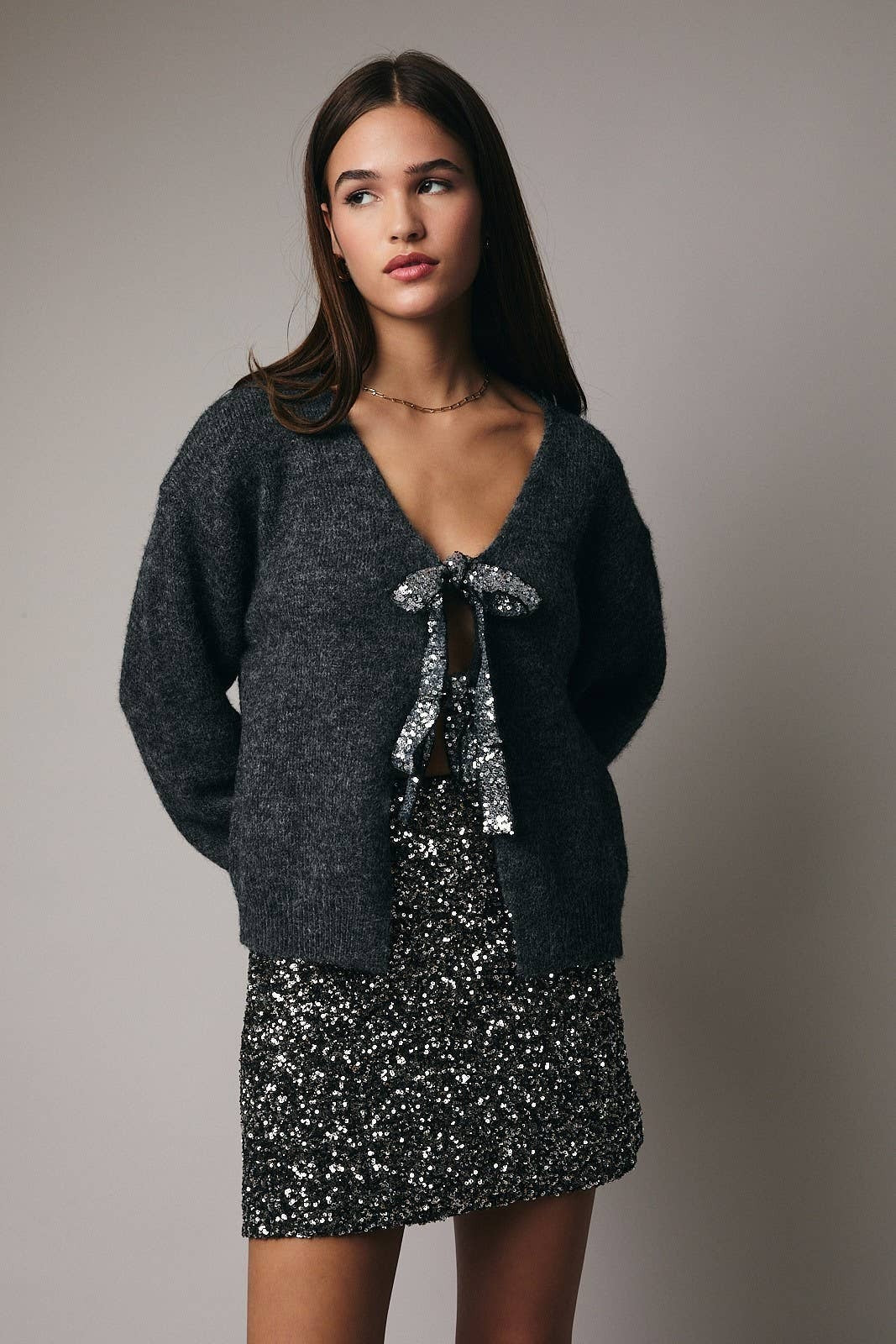 Sequin Tie Front Cardigan Sweater - Sunday Edition - RARA Boutique 