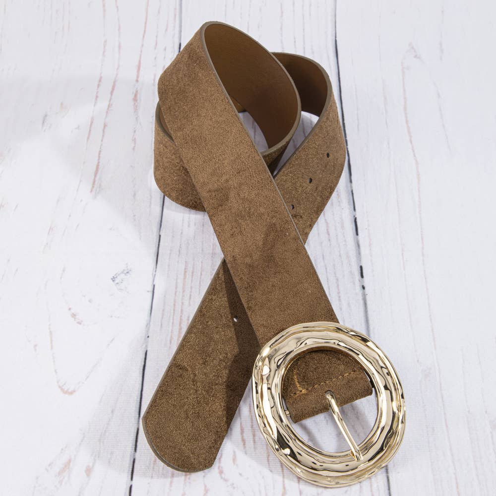 Suede hammered round buckle belt by Collections by Fame Accessories, showing close-up of tan suede strap with textured metal buckle.