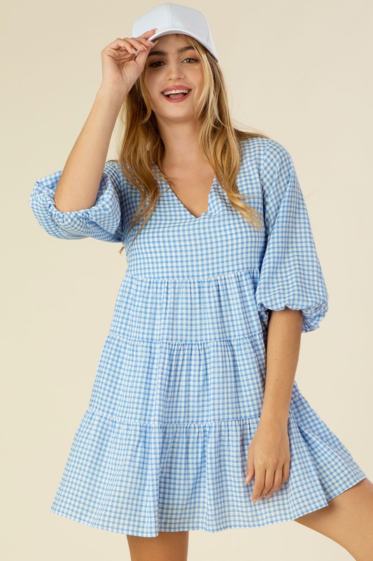 Gingham Checked Tiered Dress - RARA Boutique 