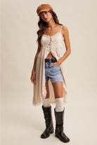 RARA Boutique satin lace trim maxi cami top in soft fabric with delicate lace details and a flowing silhouette.