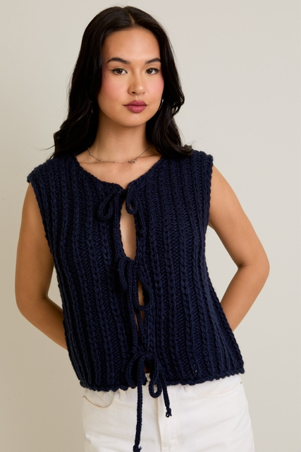 Round Neck Front Tie Chunky Sweater Vest - Le Lis - RARA Boutique 