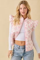Floral Printed Ruffle Sleeve Quilted Puff Vest - Main Strip - RARA Boutique 