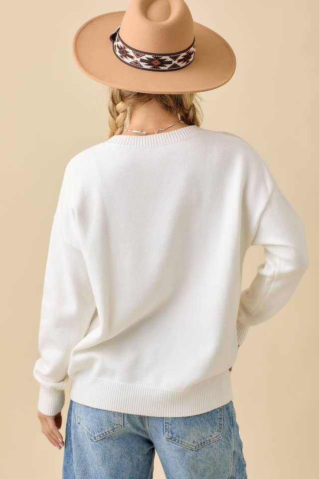 Textured Pumpkin Teddy Bear Embroidered Patchwork Sweater - Main Strip - RARA Boutique 