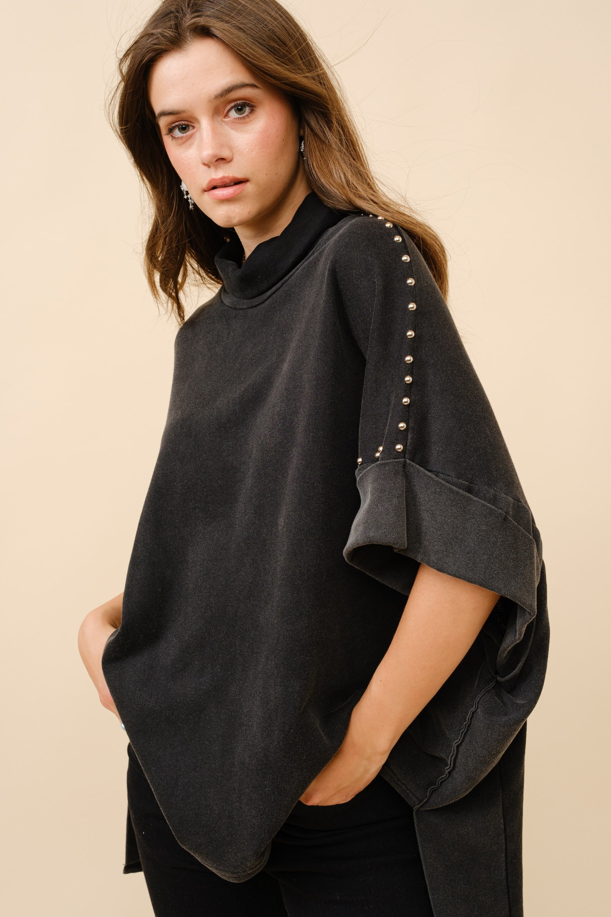 Studded Turtleneck Dolman Sleeve Sweatshirt - Blue B - RARA Boutique 