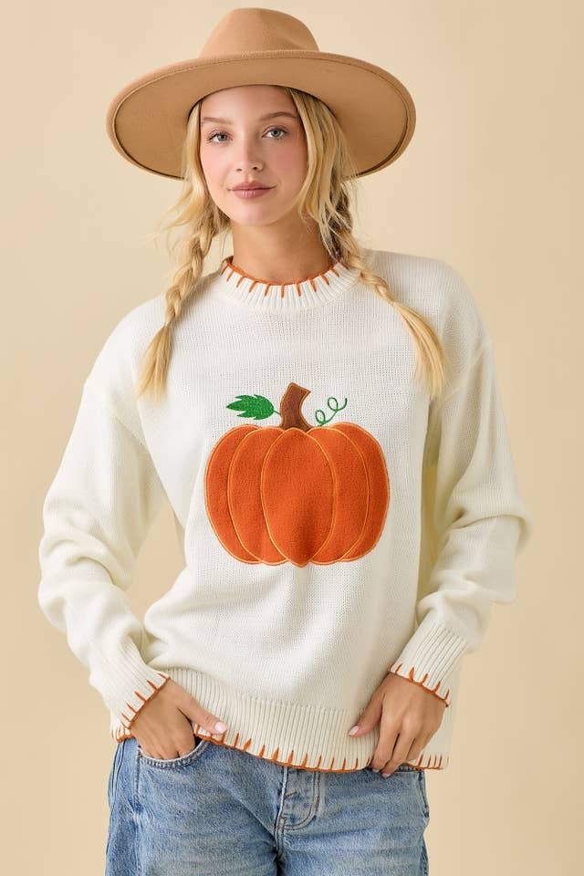 Textured Pumpkin Patch Sweater Knit Top with Stitching Detail - Main Strip - RARA Boutique 