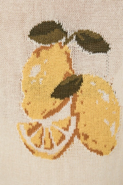 RARA Boutique Lemon Graphic lightweight knit sweater featuring a bright lemon print on soft, cozy fabric.
