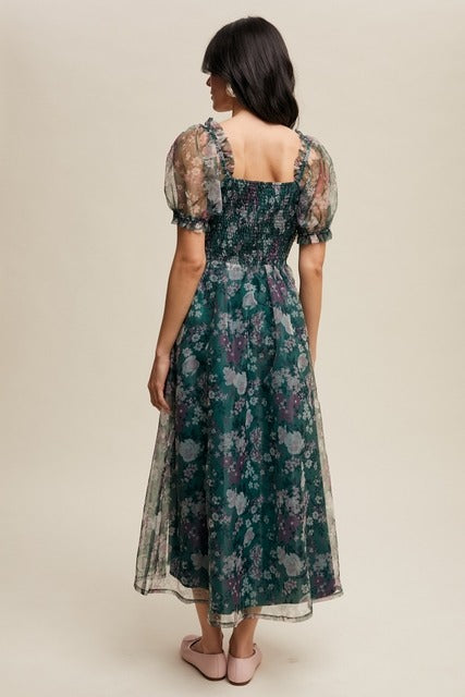 Organza Puff Sleeve Floral Print Maxi Dress - Listicle - RARA Boutique 