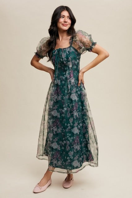 Organza Puff Sleeve Floral Print Maxi Dress - Listicle - RARA Boutique 