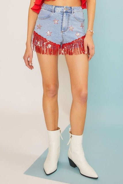 Sequin Fringe Star Denim Shorts - Main Strip - RARA Boutique 