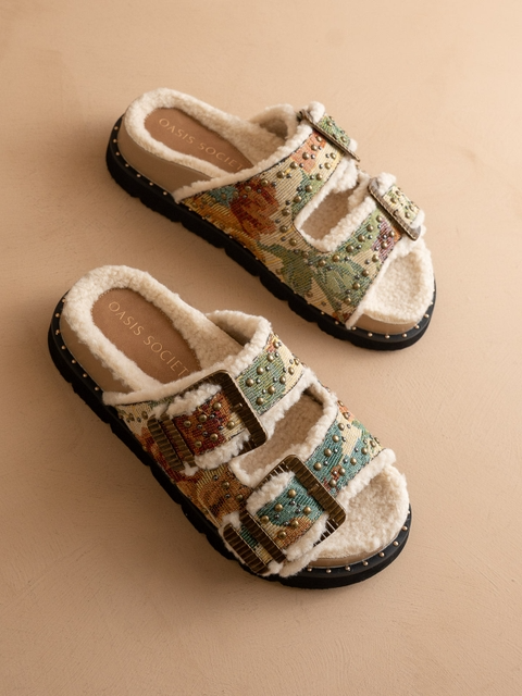 Studded Floral Tapestry Sherpa Lined Buckle Slide Sandals - Oasis Society - RARA Boutique 