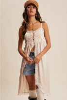 RARA Boutique satin lace trim maxi cami top featuring a flowy design and delicate lace details, perfect for elegant casual wear.