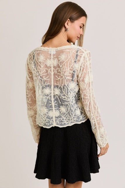 Long Sleeve Button Down Floral Crochet Lace Top - Le Lis - RARA Boutique 