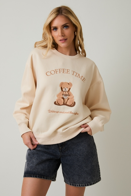 Coffee Time Teddy Bear Embroidered Crewneck Sweatshirt - Sunday Edition - RARA Boutique 