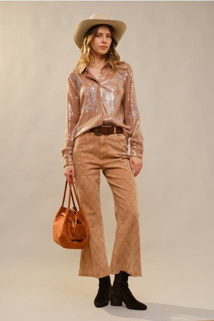 Western Embroidered Sequin Button Down Shirt - Blue B - RARA Boutique 