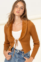 fur Trim Tie Front Ribbed Cardigan- HYFVE - RARA Boutique 